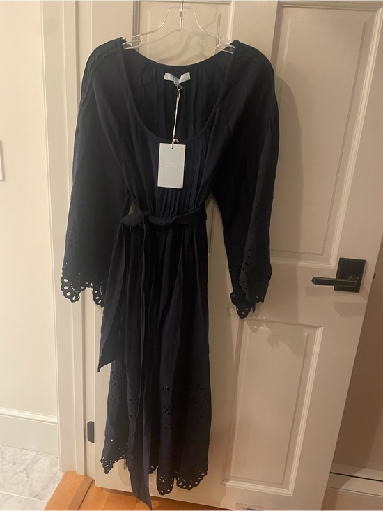 Hill House Dresses & Skirts - Hill House Navy linen Eyelet Midi Dress with Tie Waist and Scalloped Sleeves